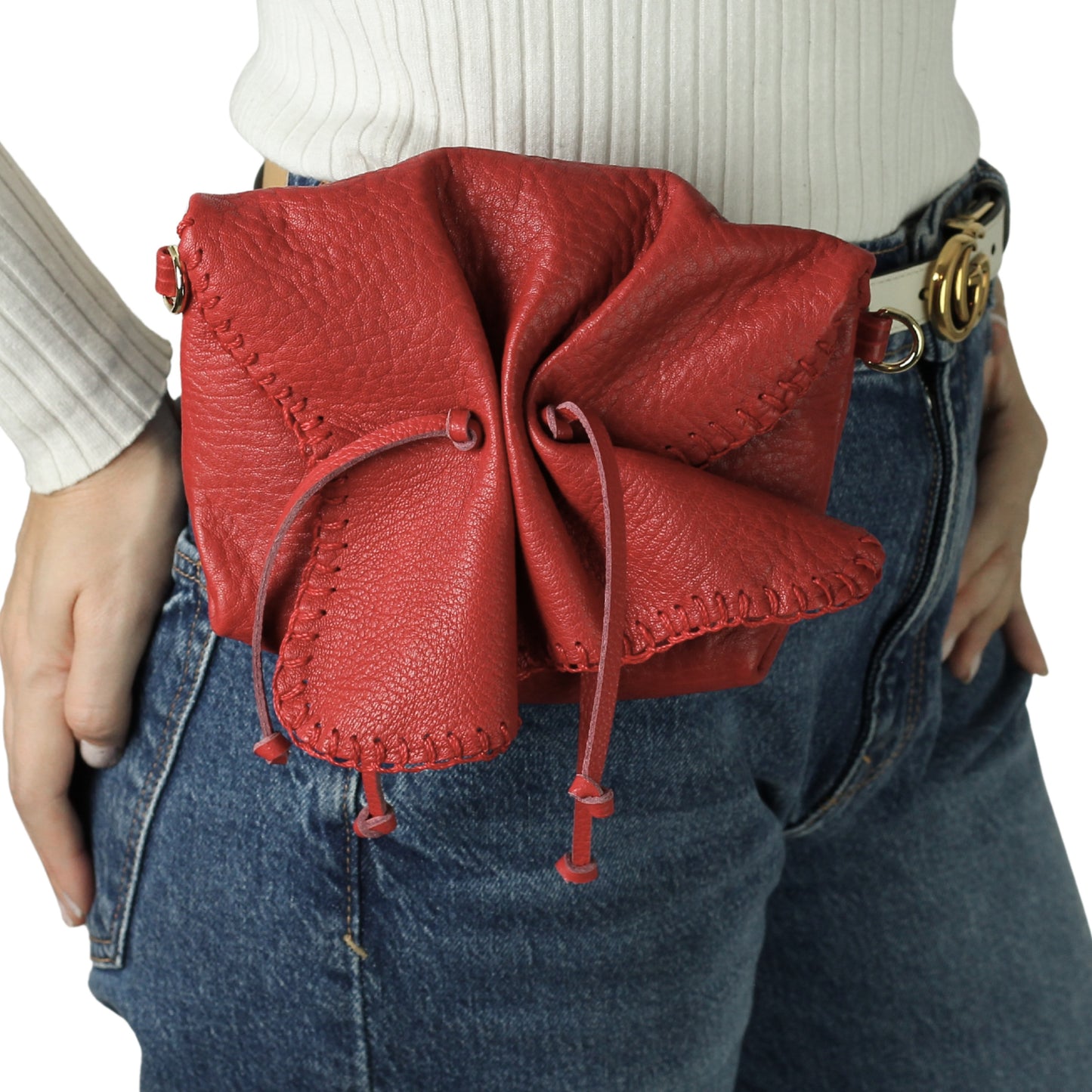 Close-up of the Mini Butterfly Bag Lambskin's textured surface and delicate stitching detail from a slight top-down angle