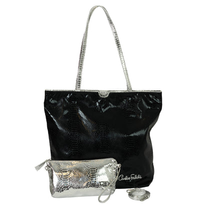 Vegan Python Tote by Carlos Falchi crafted from soft black vegan leather with snake-print texture and dual shoulder straps