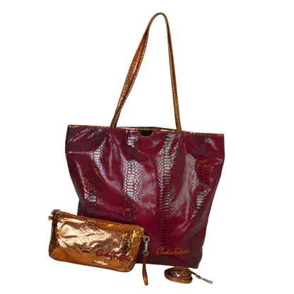 Close-up of the vegan python tote's textured, durable cork material handle with reinforced stitching detail and contrast