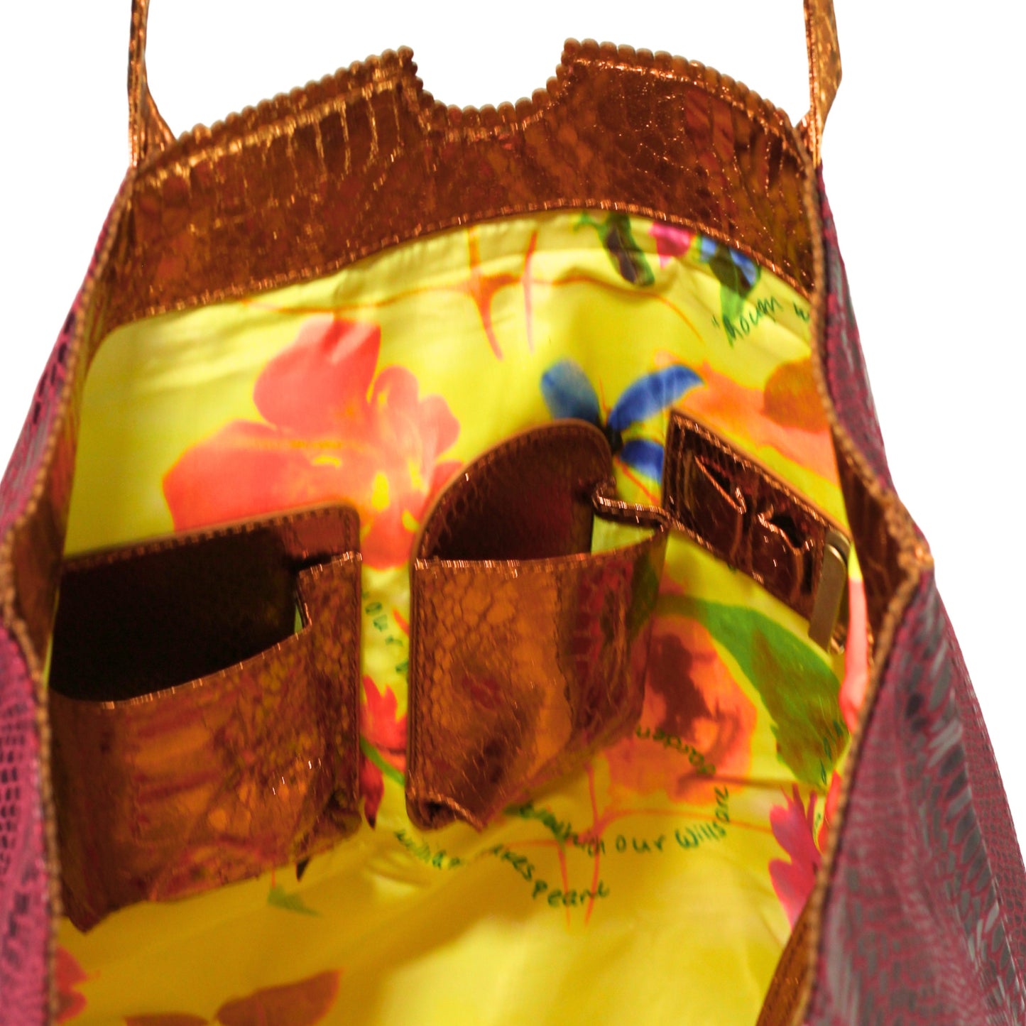 Close-up of vegan Python Tote's textured woven handle detail and vibrant green fabric edge stitching at the top opening.