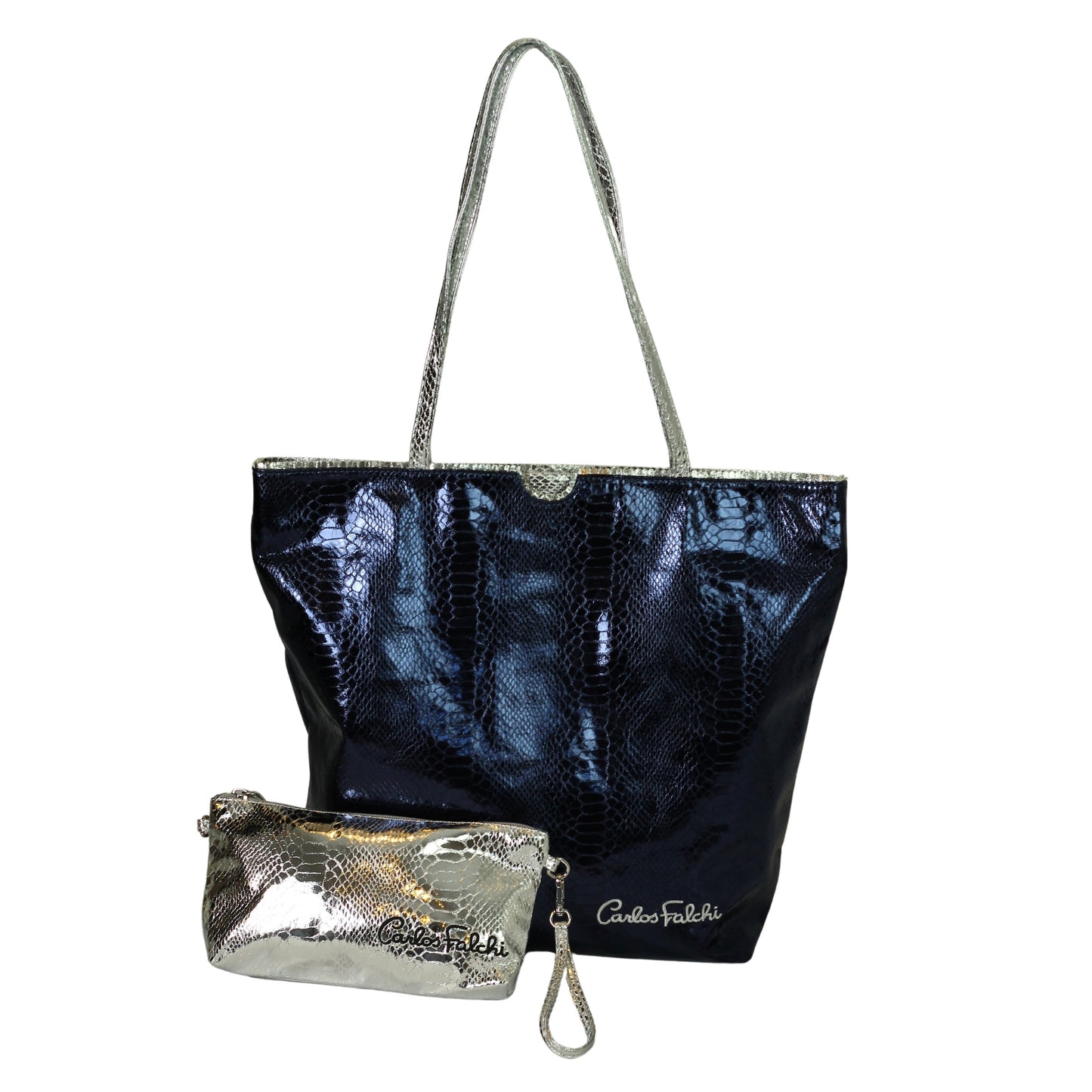 Close-up of the vegan Python tote's textured black canvas material with reinforced brown leather handles and stitching