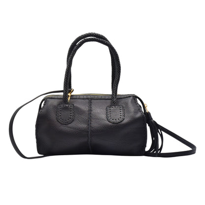 Carlos Falchi The Mini Barrel with black pebbled leather, gold-tone hardware, compact 4-inch size, textured surface and