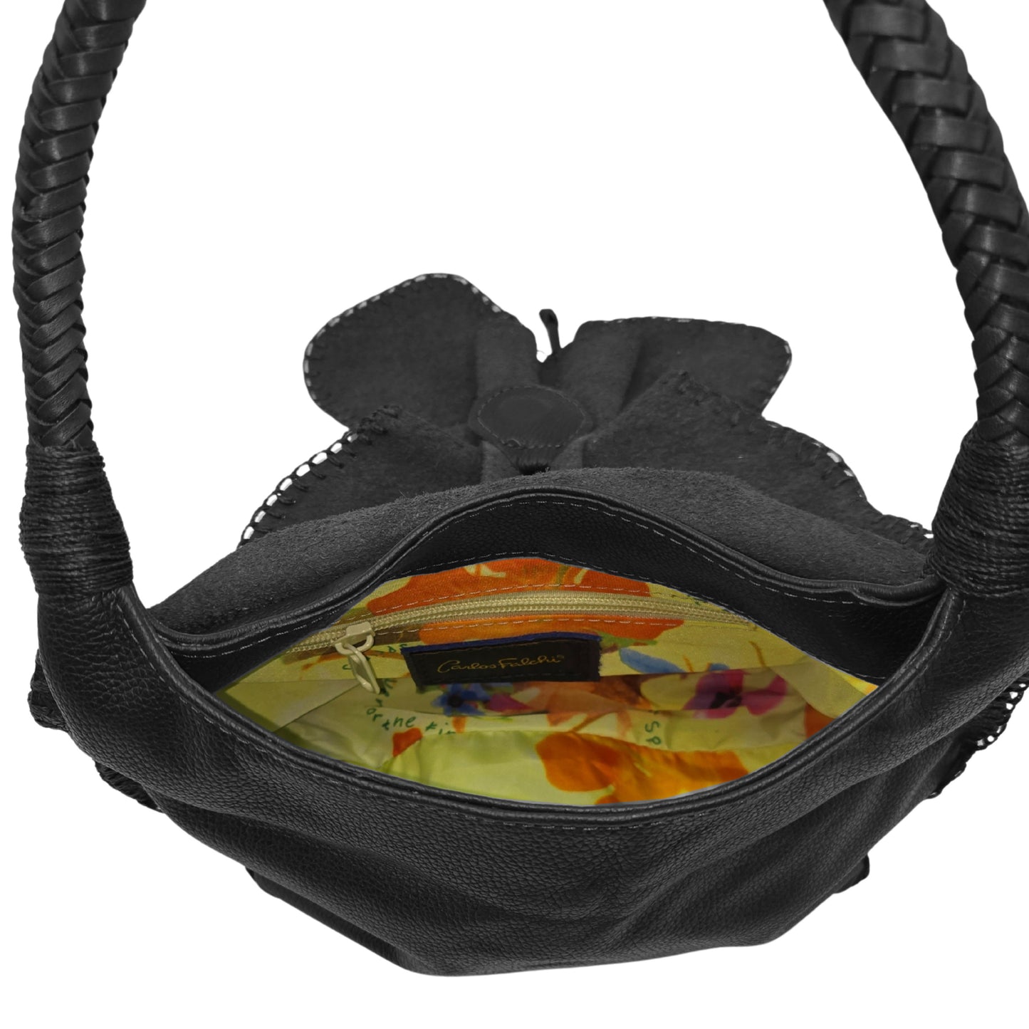 Close-up of the shoulder butterfly bag's textured leather surface with silver chain strap details and subtle stitching