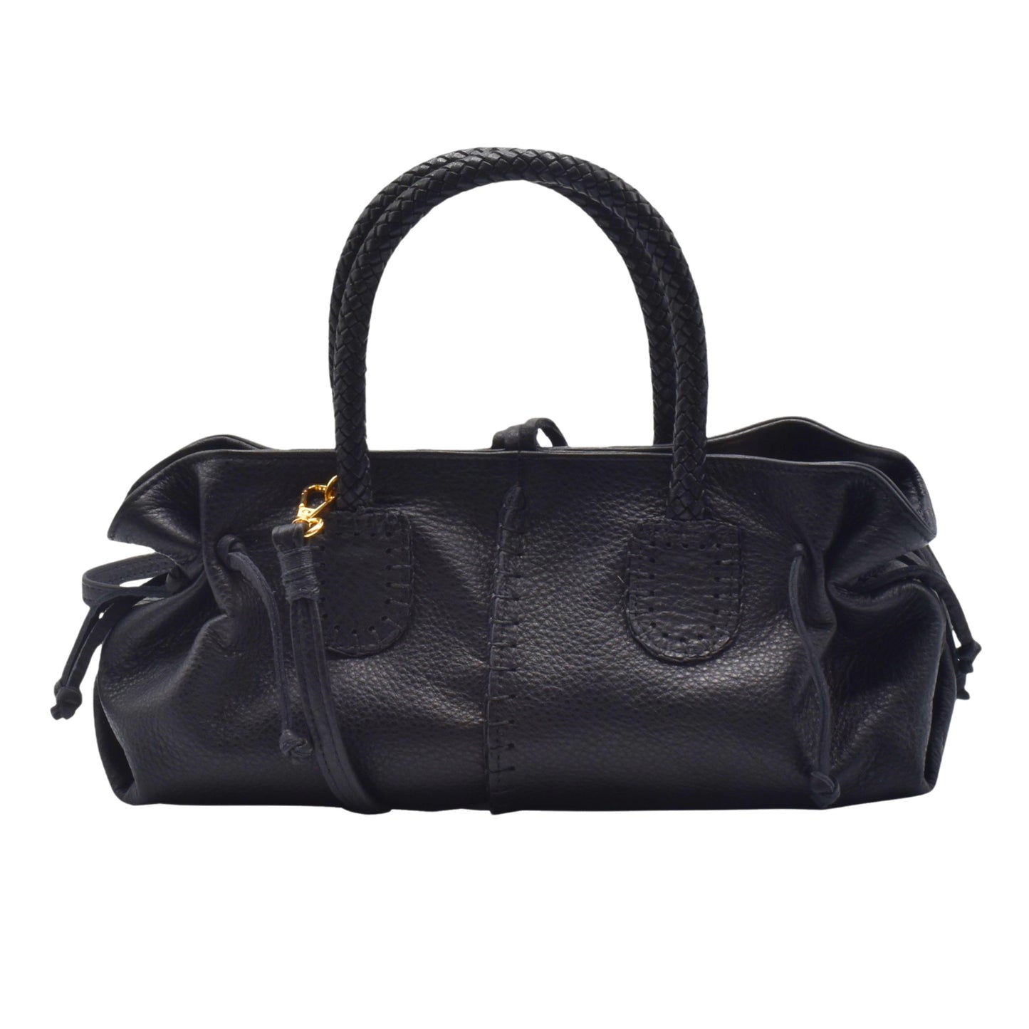 Mini satchel strap latch and textured pebbled leather surface shown from upper front corner, highlighting hardware details