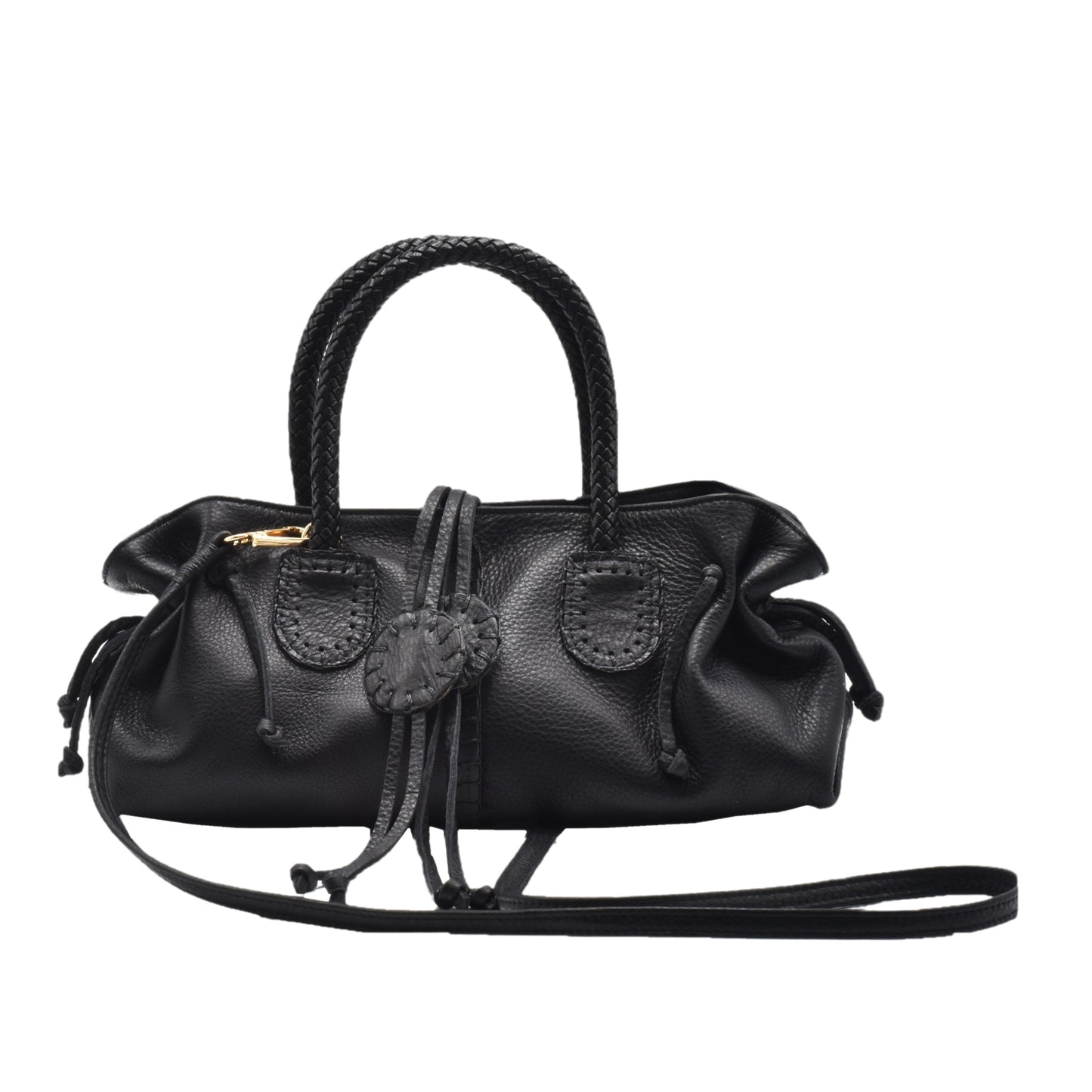 Carlos Falchi mini satchel bag in textured black leather with gold-tone metal accents and adjustable strap