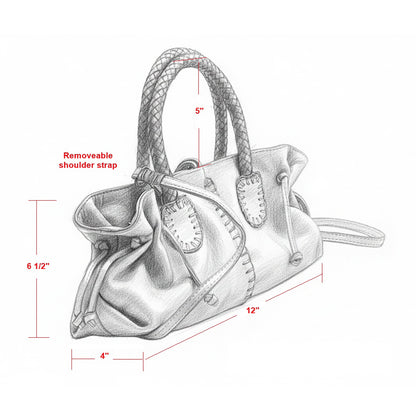 Close-up of the Mini Satchel’s textured faux leather surface with visible stitching and a brass zipper pull detail from a