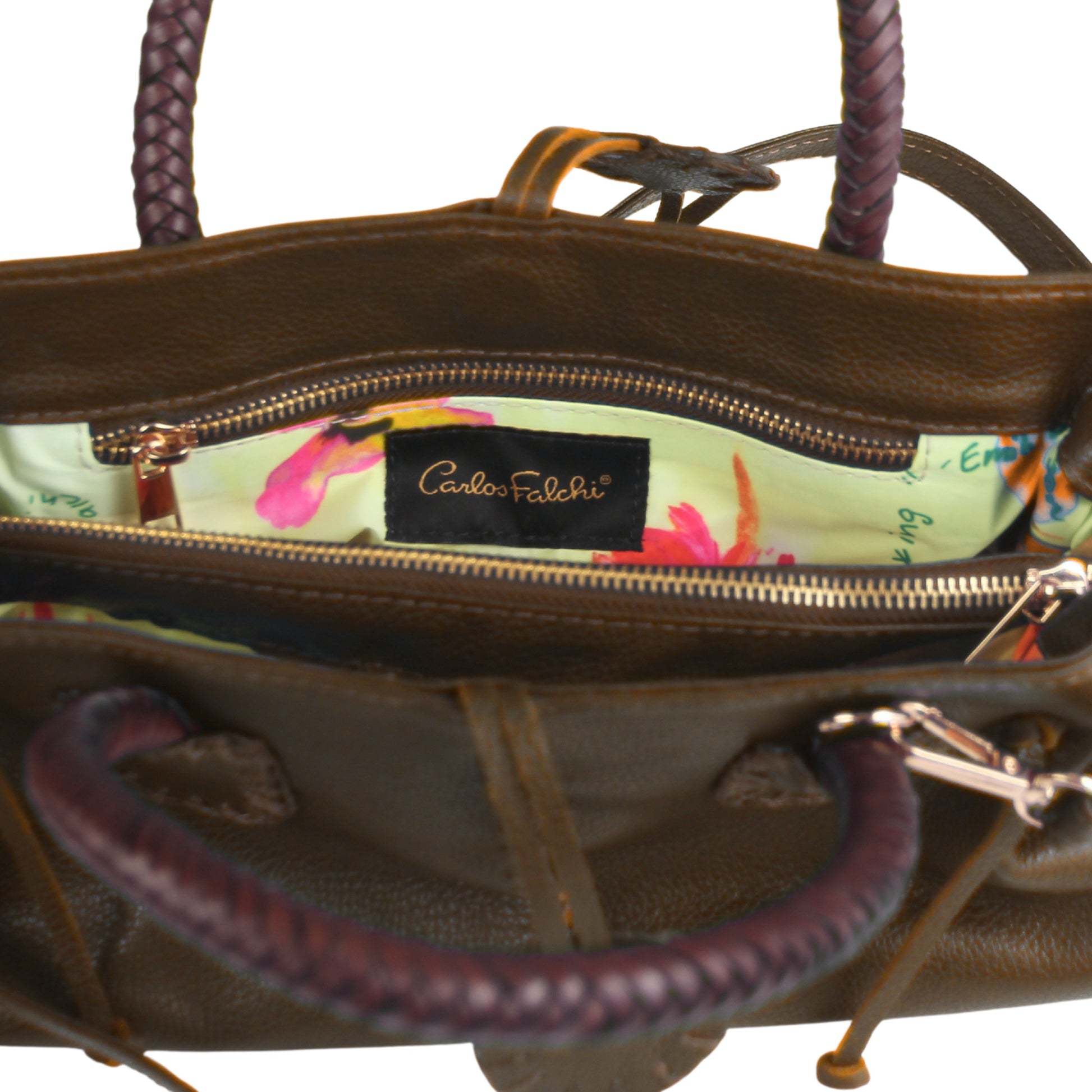 Mini Satchel front zipper pocket with textured brown leather and contrasting black adjustable strap detail