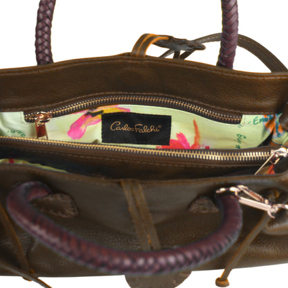 Mini Satchel front zipper pocket with textured brown leather and contrasting black adjustable strap detail