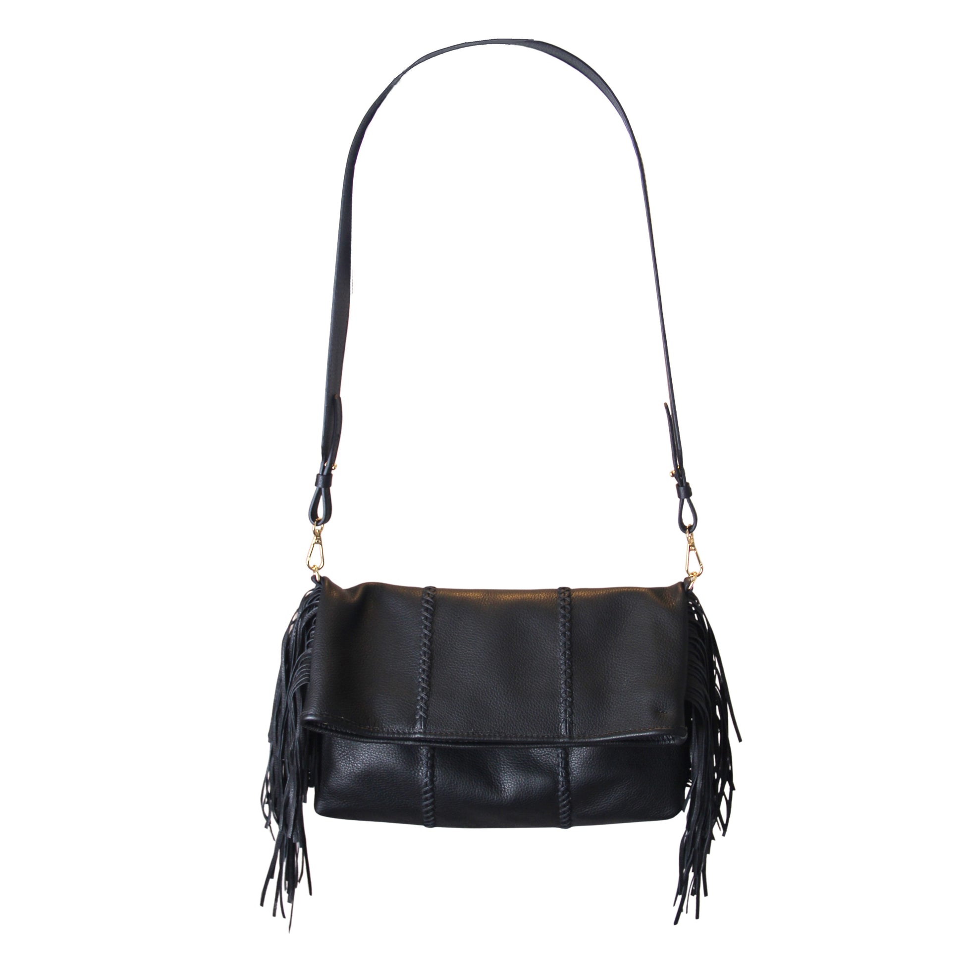 Close-up of the large fringe leather strap with metal clasp detail, highlighting the textured stitching and partially