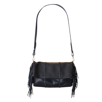 Close-up of the large fringe leather strap with metal clasp detail, highlighting the textured stitching and partially