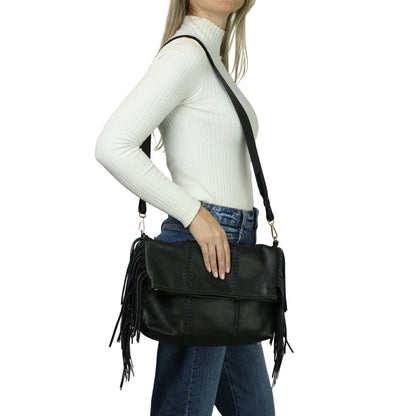 Close-up of the Large Fringe Crossbody Messenger's textured brass chain and detailed fringe tassel at a diagonal angle