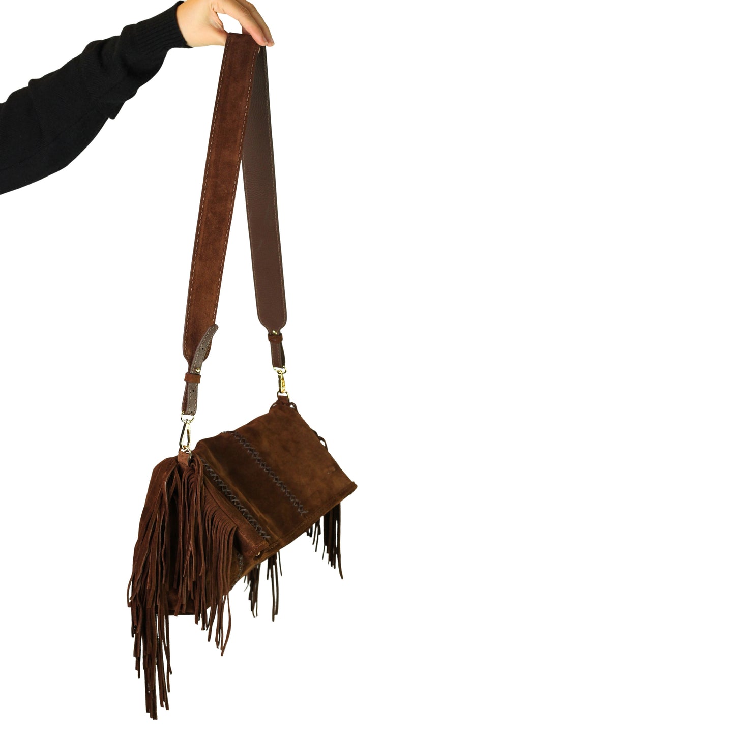 Close-up of the Large Fringe Crossbody Messenger’s textured leather flap with detailed stitching and silver-toned metal