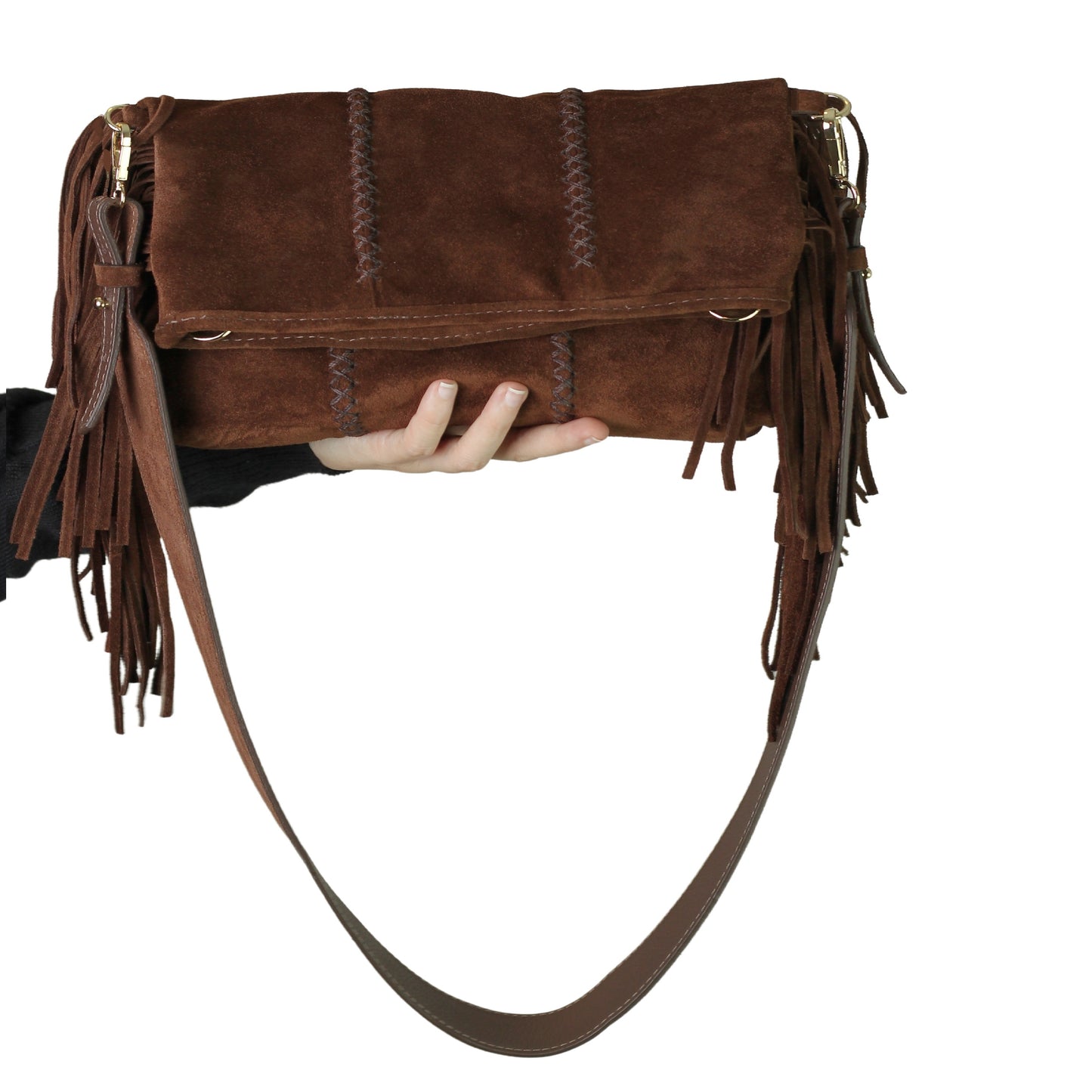 Close-up of the large fringe detailing on the front flap, showcasing the layered leather strands and metal hardware accents.