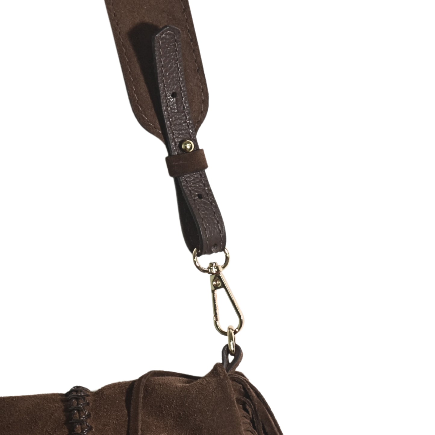 Close-up of the large fringe detail and textured metal chain with lobster clasp, highlighting craftsmanship from a