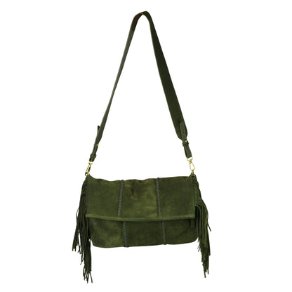 Carlos Falchi large fringe leather crossbody bag with gold-tone chain strap and clasp, distressed brown finish