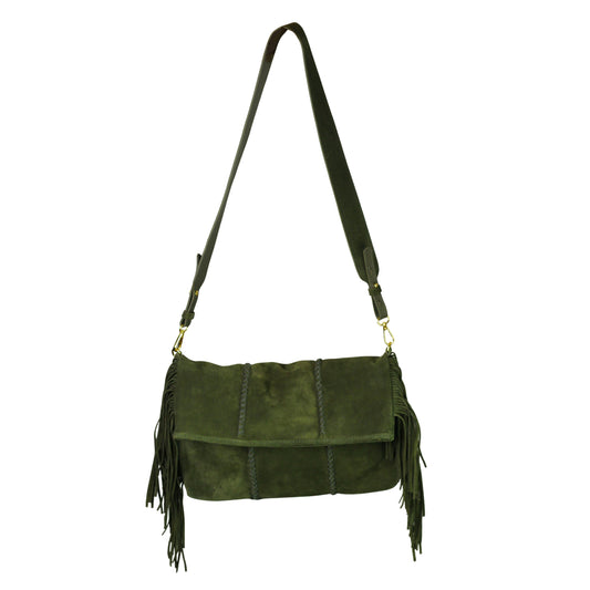 Carlos Falchi large fringe leather crossbody bag with gold-tone chain strap and clasp, distressed brown finish