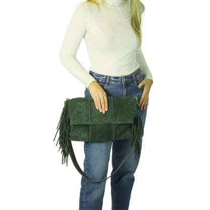 Close-up of the Large Fringe Crossbody Messenger's textured metal clasp and detailed chain connection from a quarter-angle