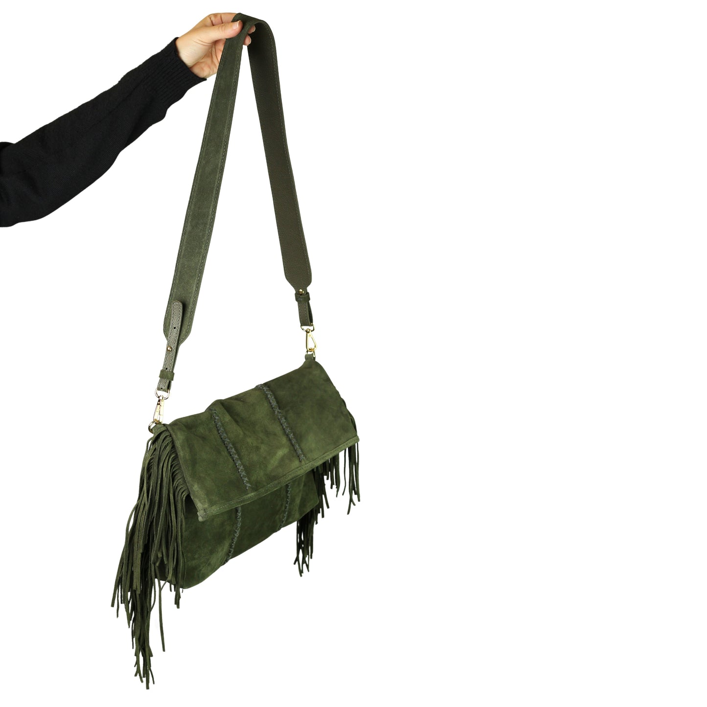 Close-up of the Large Fringe Crossbody Messenger’s textured metal flap with intricate cutout details and layered fringe