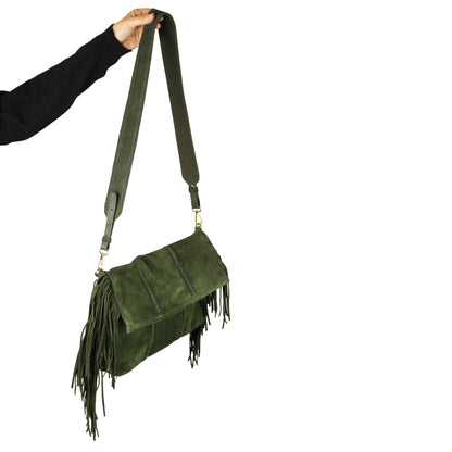 Close-up of the Large Fringe Crossbody Messenger’s textured metal flap with intricate cutout details and layered fringe