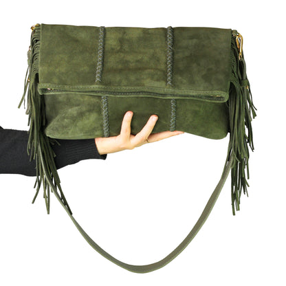 Close-up of the Large Fringe Crossbody Messenger's textured antique brass chain clasp with intricate detailing and leather