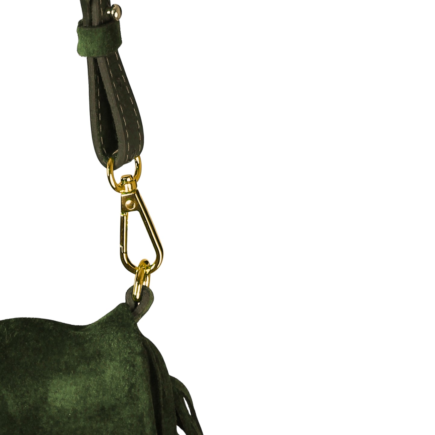 Close-up of the Large Fringe Crossbody Messenger’s textured gold-tone chain strap and fringe detailing from a top-angle view