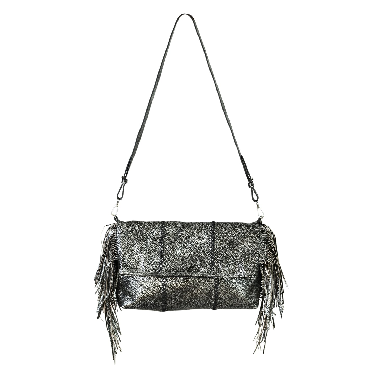 Close-up of the large fringe leather crossbody strap showcasing detailed stitching and layered fringe textures from an