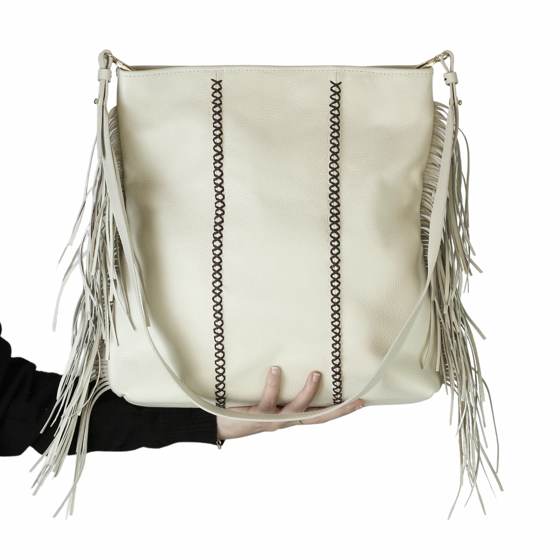 Close-up of the Large Fringe Crossbody Messenger showcasing the textured metallic fringe detailing and lobster clasp closure