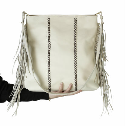 Close-up of the Large Fringe Crossbody Messenger showcasing the textured metallic fringe detailing and lobster clasp closure
