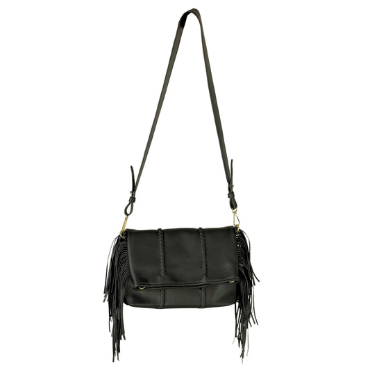 Carlos Falchi Fringe Crossbody Messenger with leather flap, braided strap, silver-tone metal hardware, and tassel detailing