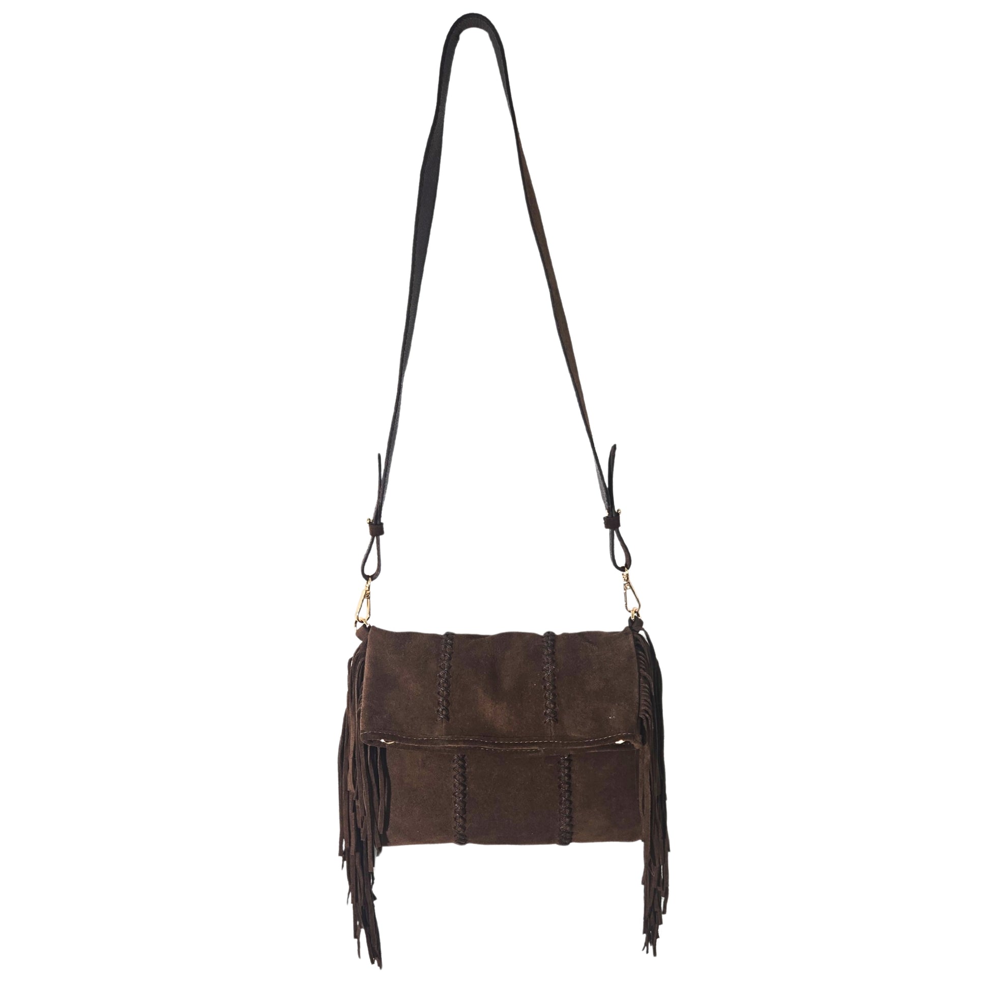 Close-up of the Fringe Crossbody Messenger's textured chain strap with gold-tone plating and decorative tassel detail on the