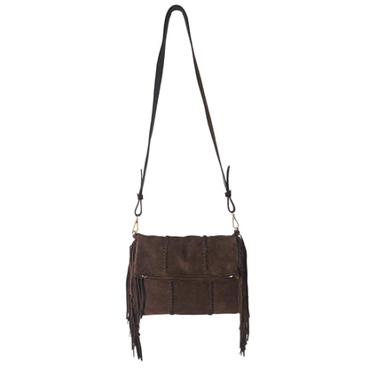 Close-up of the Fringe Crossbody Messenger's textured chain strap with gold-tone plating and decorative tassel detail on the