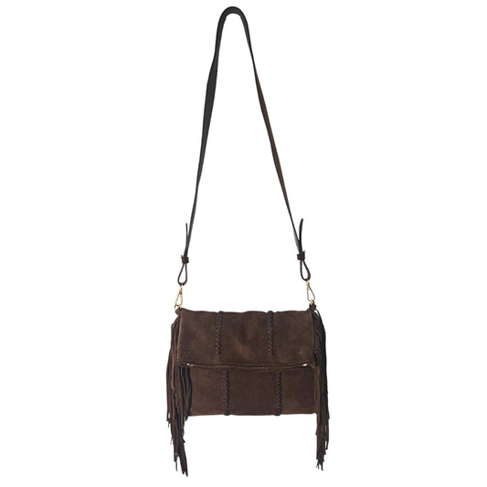 Close-up of the Fringe Crossbody Messenger's textured chain strap with gold-tone plating and decorative tassel detail on the