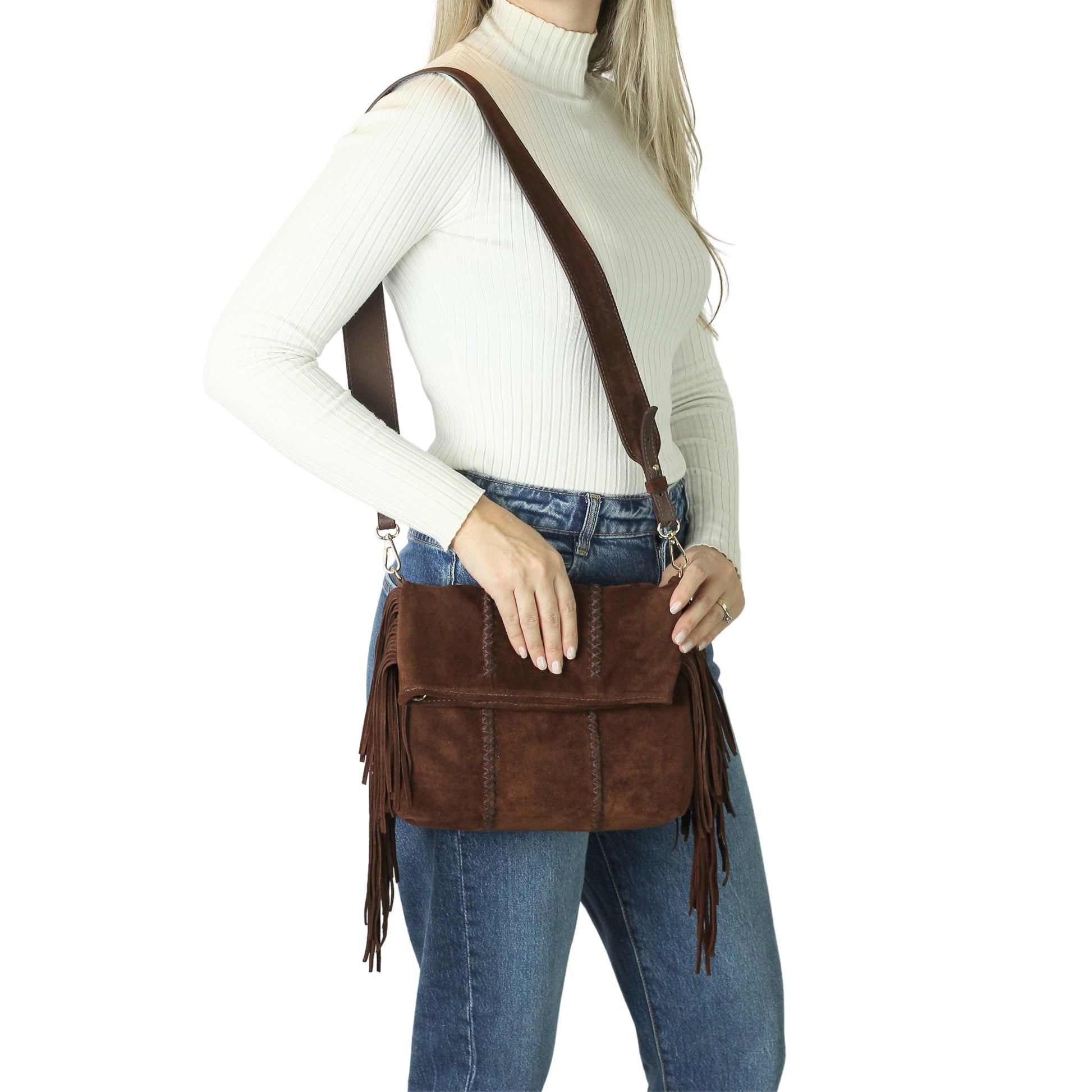 Close-up of the Fringe Crossbody Messenger's textured brass chain with intricate woven link details and matte gold plating.