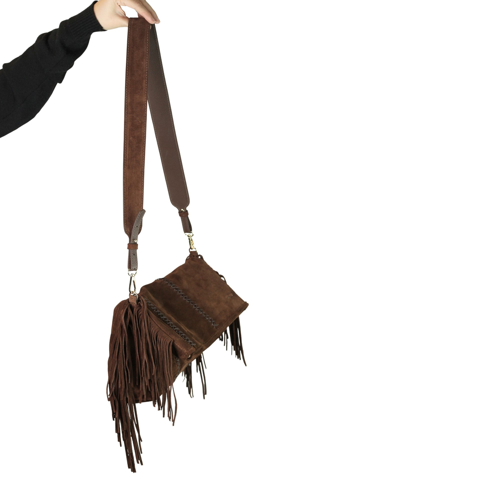 Close-up of the fringed leather strap with silver-tone metal chain and lobster clasp detail on the Fringe Crossbody