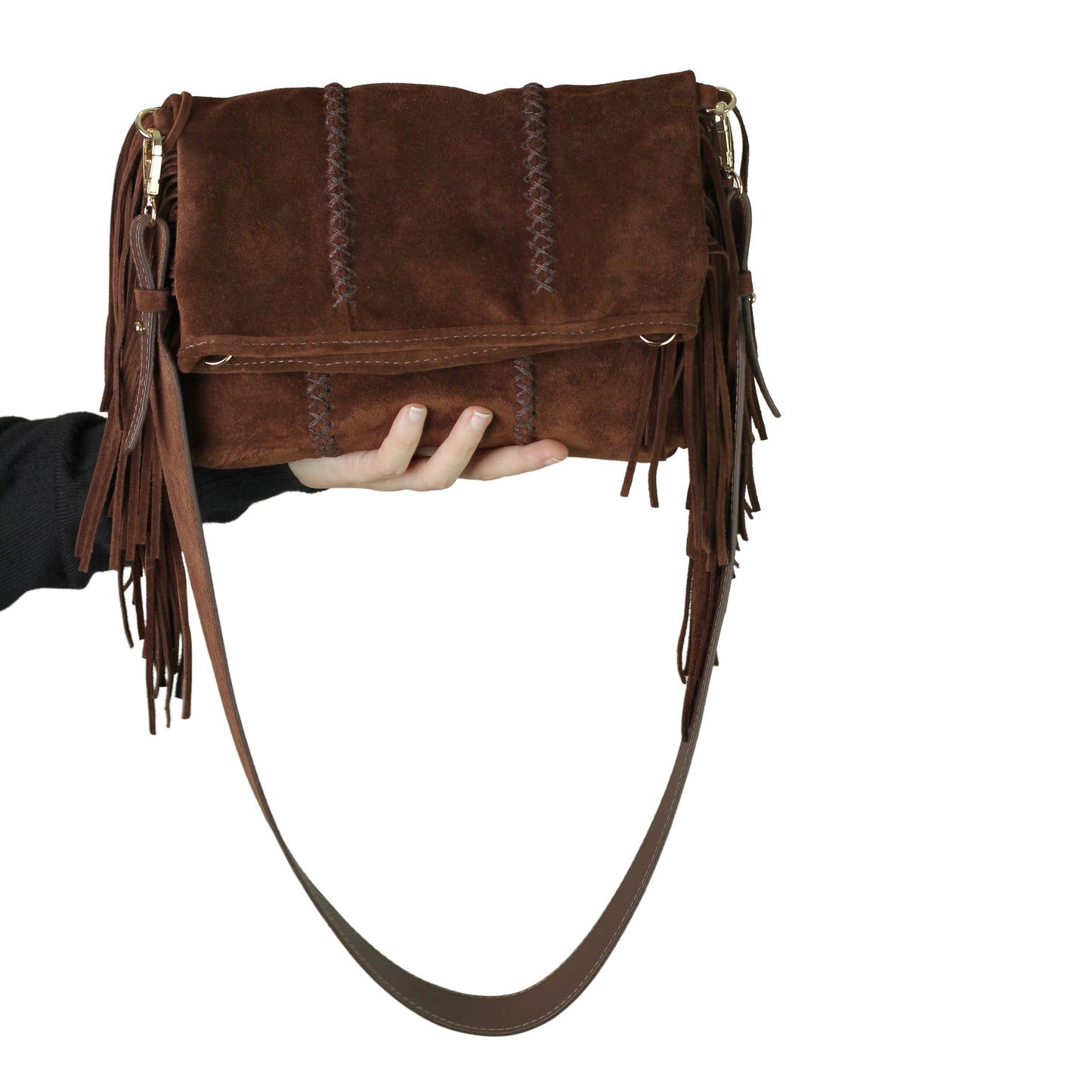 Close-up of the fringed leather flap featuring silver-tone metal clasp and intricate stitching details on the Fringe