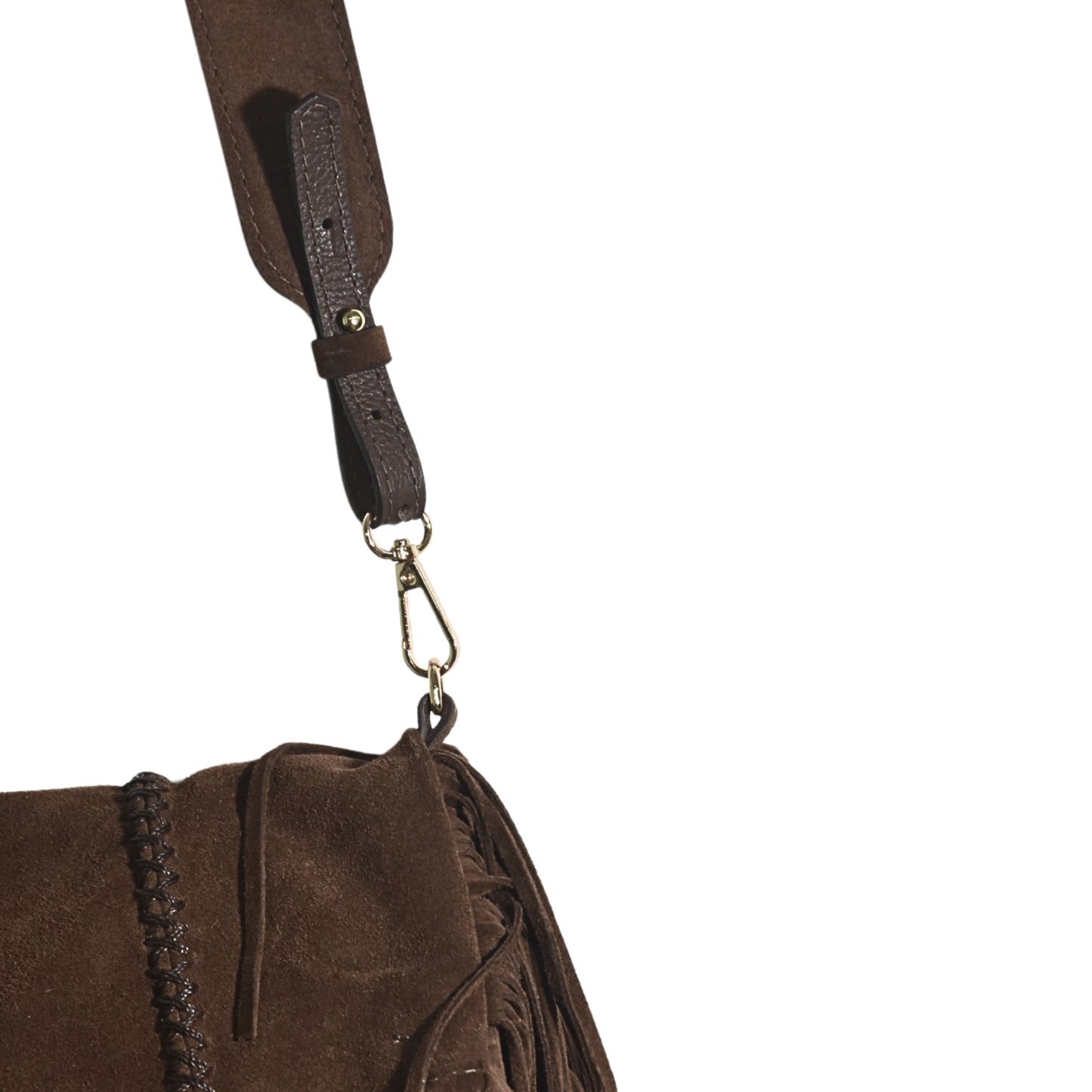 Close-up of the Fringe Crossbody Messenger's lobster clasp and chain extension, highlighting textured metal finish and