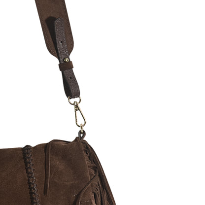 Close-up of the Fringe Crossbody Messenger's lobster clasp and chain extension, highlighting textured metal finish and