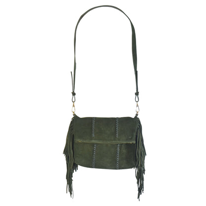 Close-up of the Fringe Crossbody Messenger’s silver-tone metal chain strap featuring textured links and lobster clasp