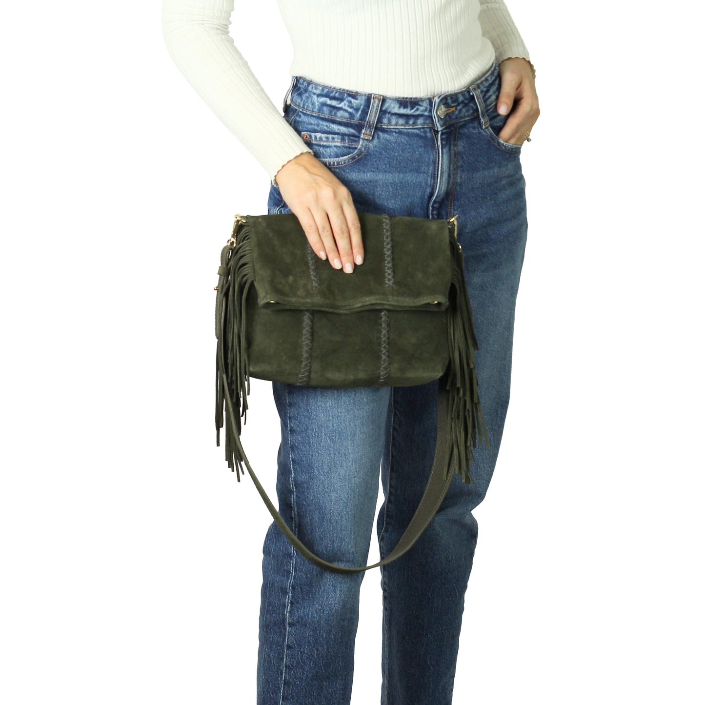 Close-up of the Fringe Crossbody Messenger’s textured leather flap with silver-toned zipper and decorative tassel detail on