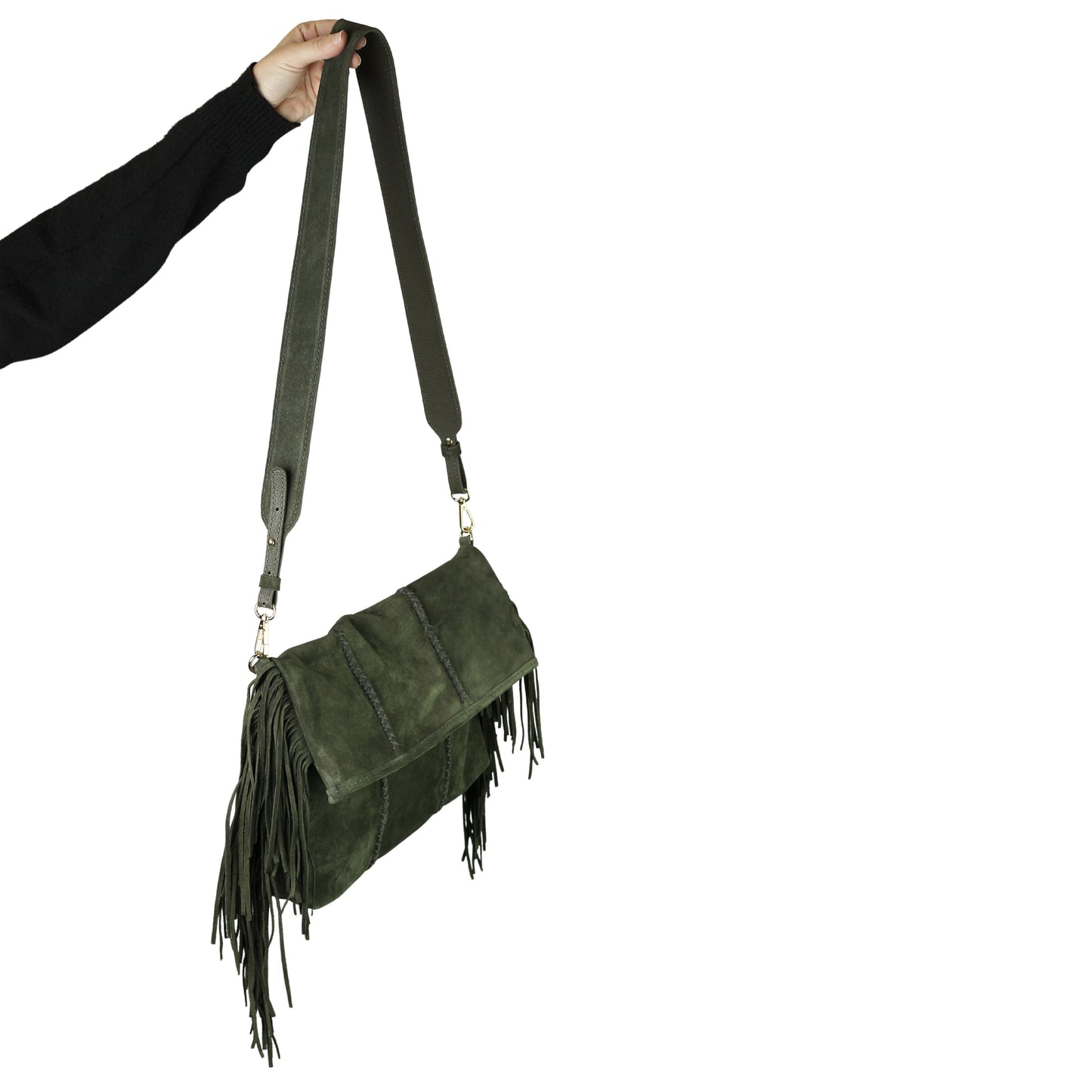 Close-up of the Fringe Crossbody Messenger’s silver-tone metal chain and textured fabric flap with decorative tassel details