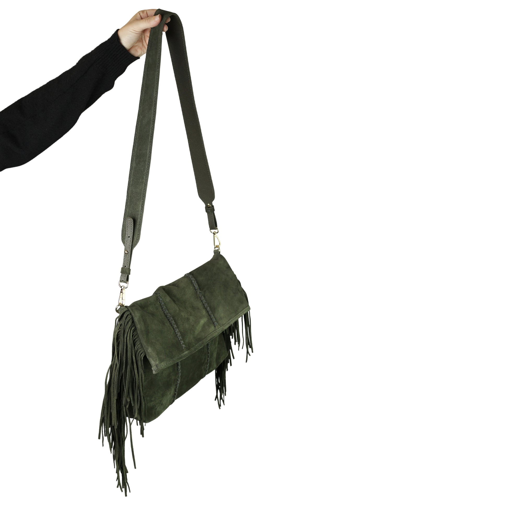 Close-up of the Fringe Crossbody Messenger’s silver-tone metal chain and textured fabric flap with decorative tassel details