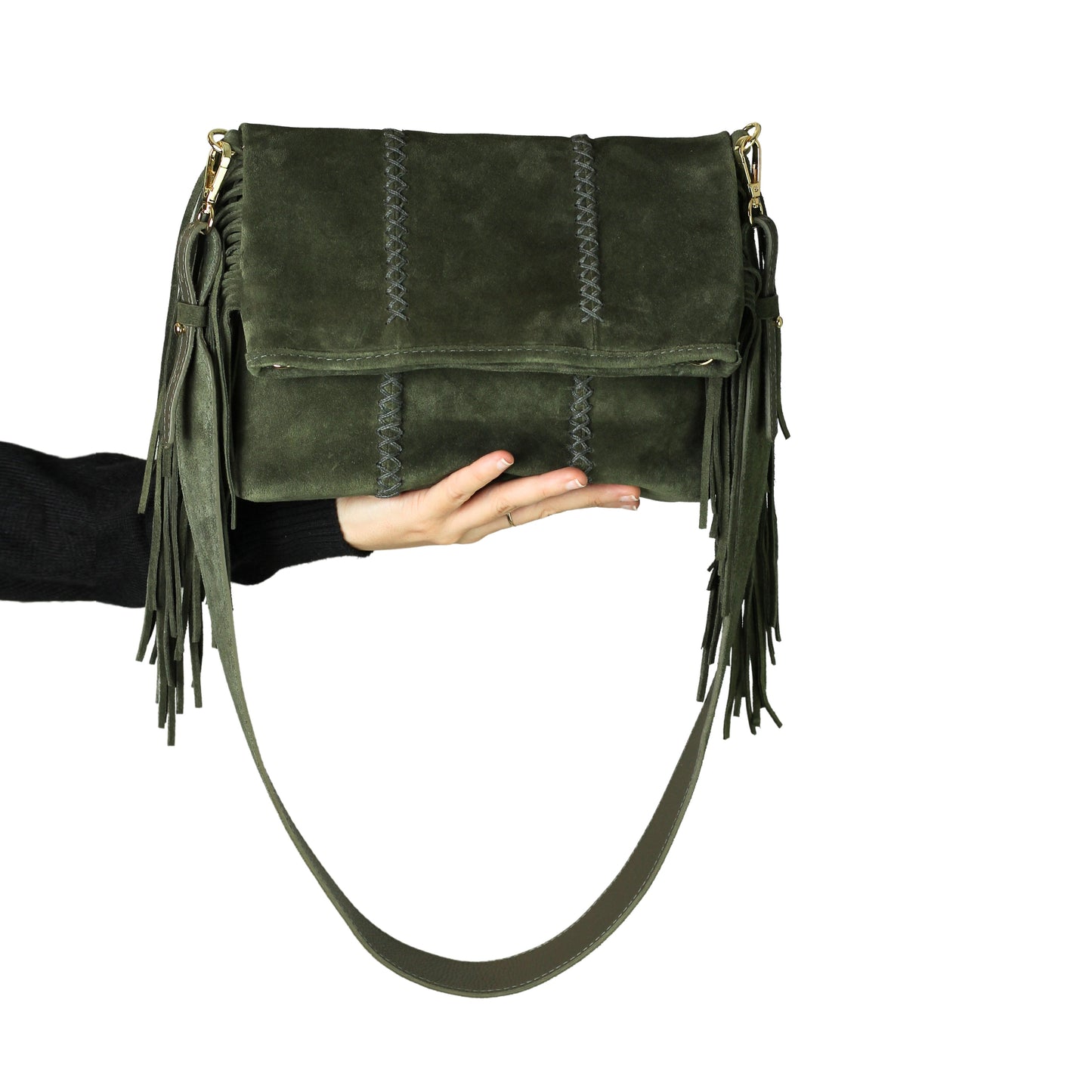 Close-up of the Fringe Crossbody Messenger’s gold-tone chain strap showing textured links and lobster clasp detail from a