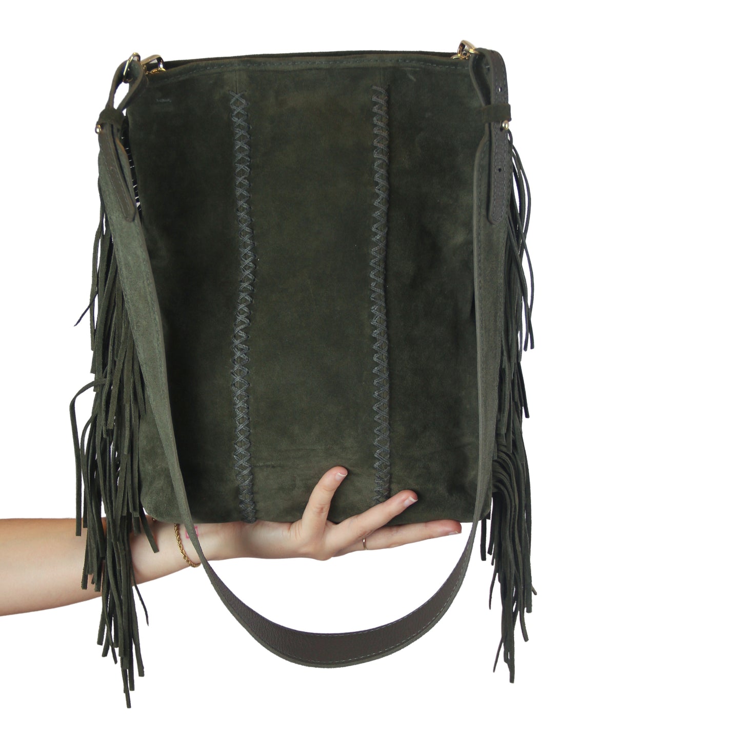 Close-up of the Fringe Crossbody Messenger’s textured metal chain strap with tarnished silver plating and intricate link