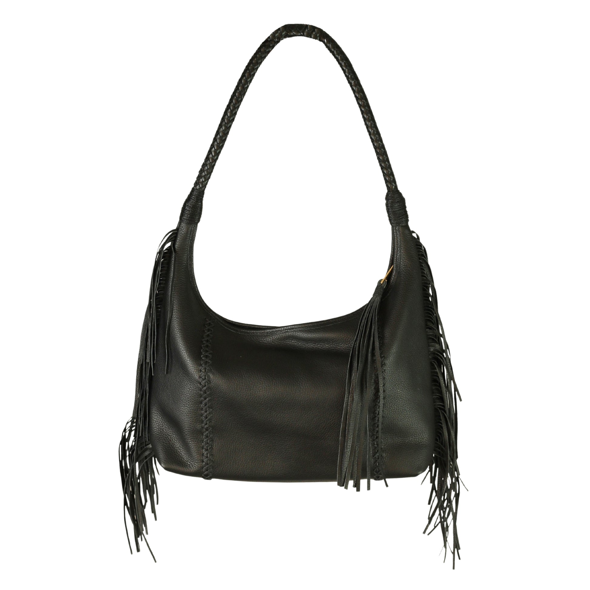 Close-up of the Fringe Hobo Bag's metal chain strap featuring antique brass plating and textured leather detailing at the