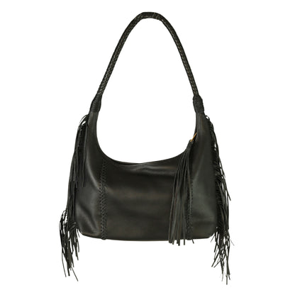 Close-up of the Fringe Hobo Bag's metal chain strap featuring antique brass plating and textured leather detailing at the