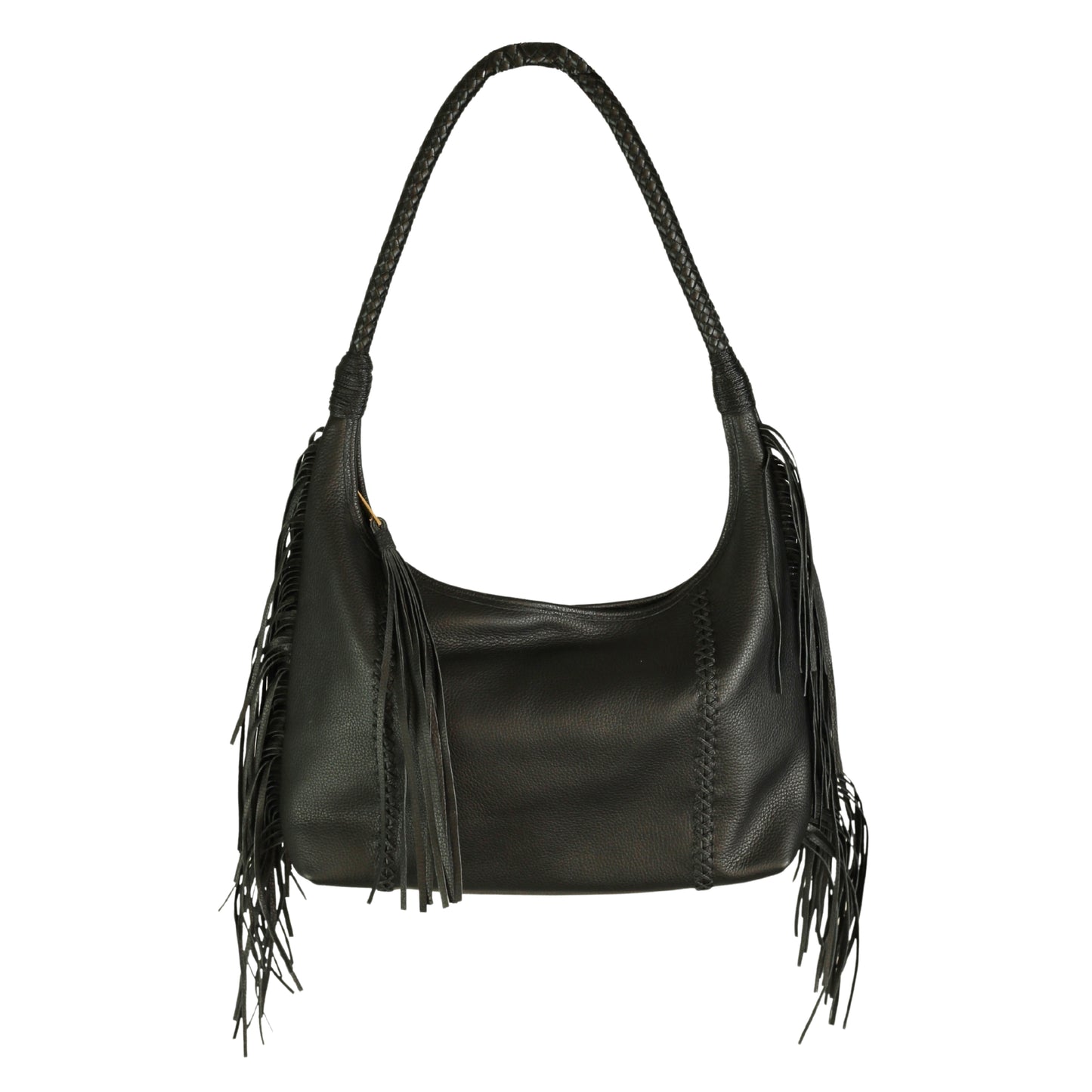 Close-up of the fringed leather texture on the front with metal rivet accents and visible stitching details.