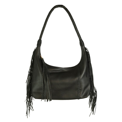 Close-up of the fringed leather texture on the front with metal rivet accents and visible stitching details.