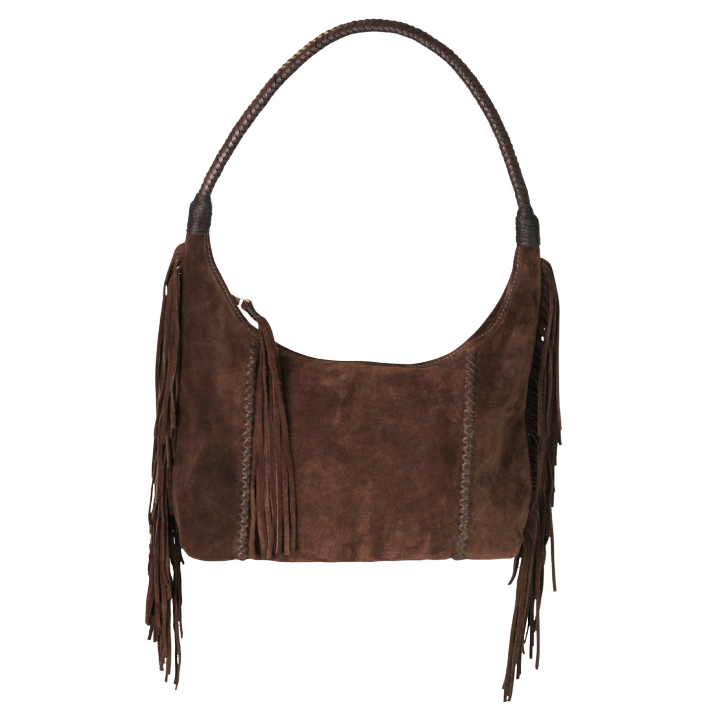 Close-up of the Fringe Hobo Bag’s textured leather surface showcasing detailed fringe stitching and subtle metallic hardware