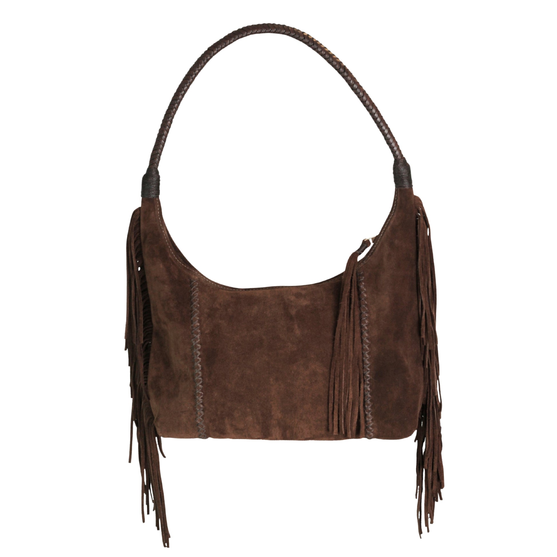 Close-up of fringe leather tassel detailing with brass hardware on the front of the Fringe Hobo Bag, highlighting texture