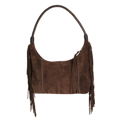 Close-up of fringe leather tassel detailing with brass hardware on the front of the Fringe Hobo Bag, highlighting texture